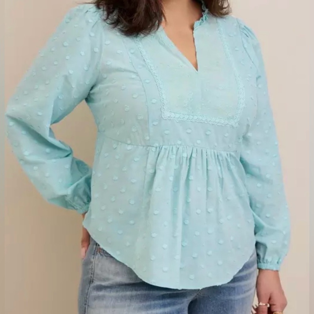 #x1802 - Torrid Clip Dot Mixed Eyelet Yoke Detail Top Canal Blue Embroidered